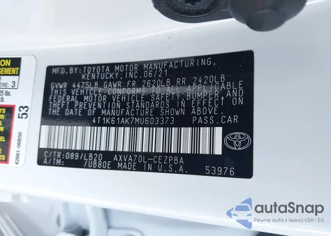 2021 Toyota Camry Xse из США, поврежденный, VIN 4T1K61AK7MU603373